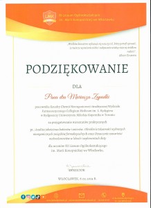 Podziękowania za organizację warsztatów dla uczniów szkół średnich. Kliknij, aby powiększyć zdjęcie.